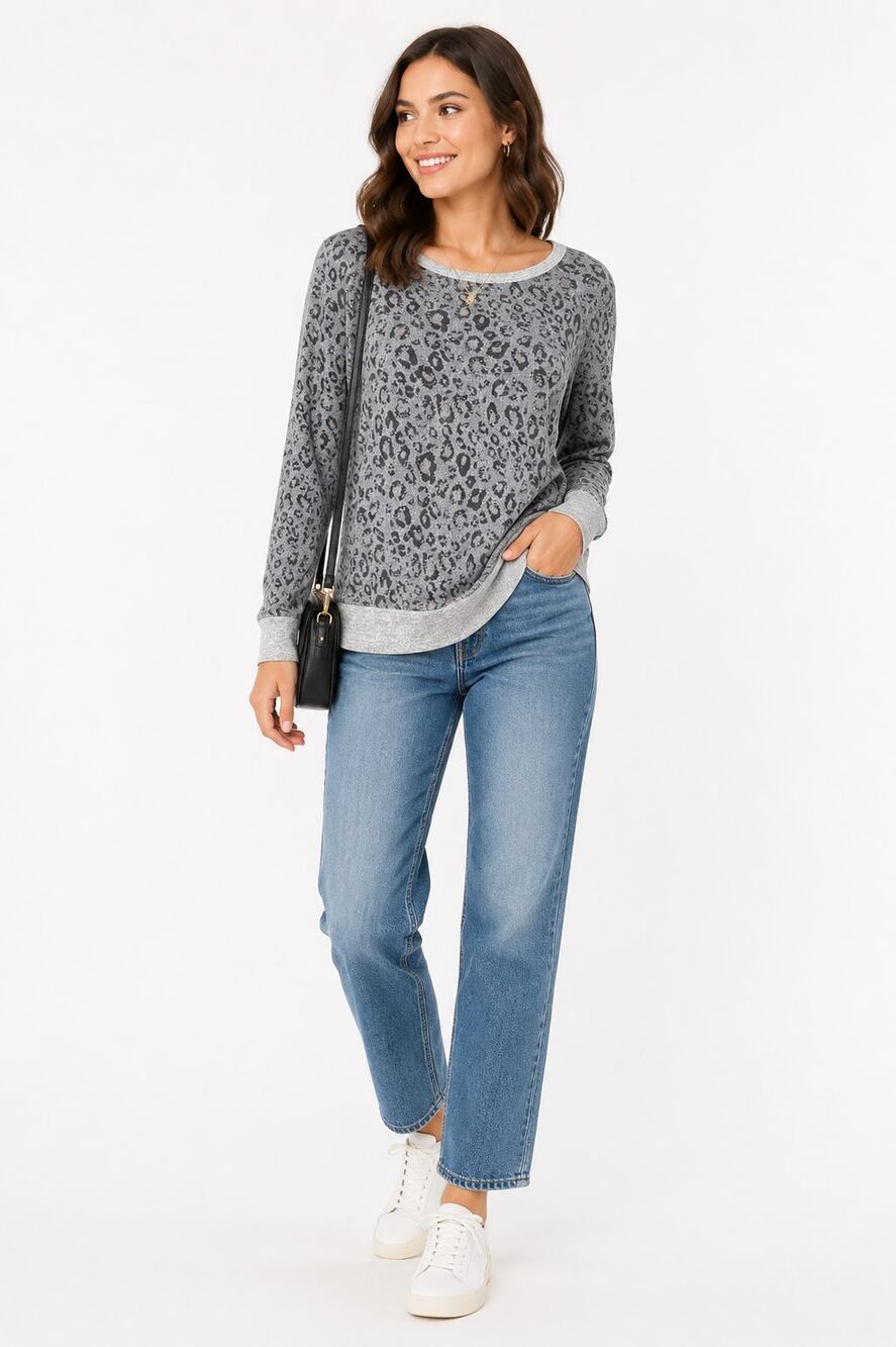 Sundry Gray Leopard Print Sweatshirt Made USA Pullover Size 0 XS Small Soft Cozy